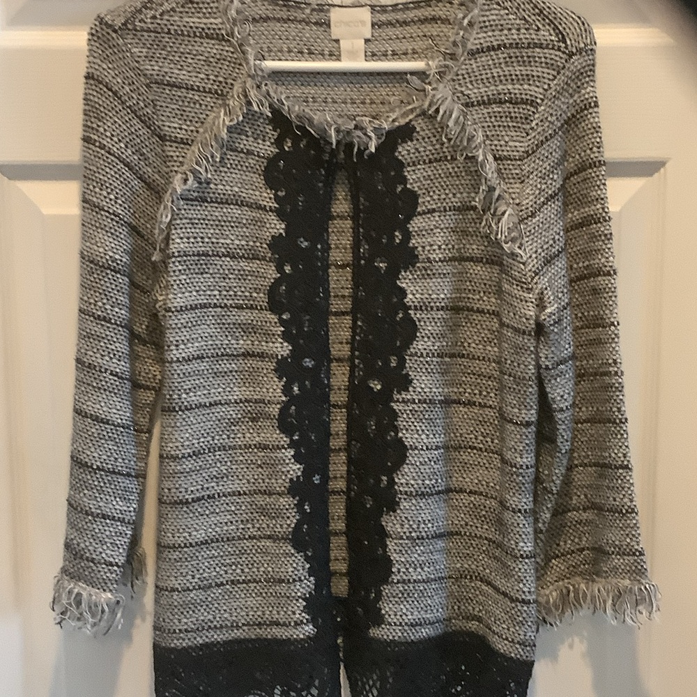 Chico's Black and White Textured open front Cardigan